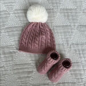 Laura Ashley Pink Knit Beanie and Booties Set